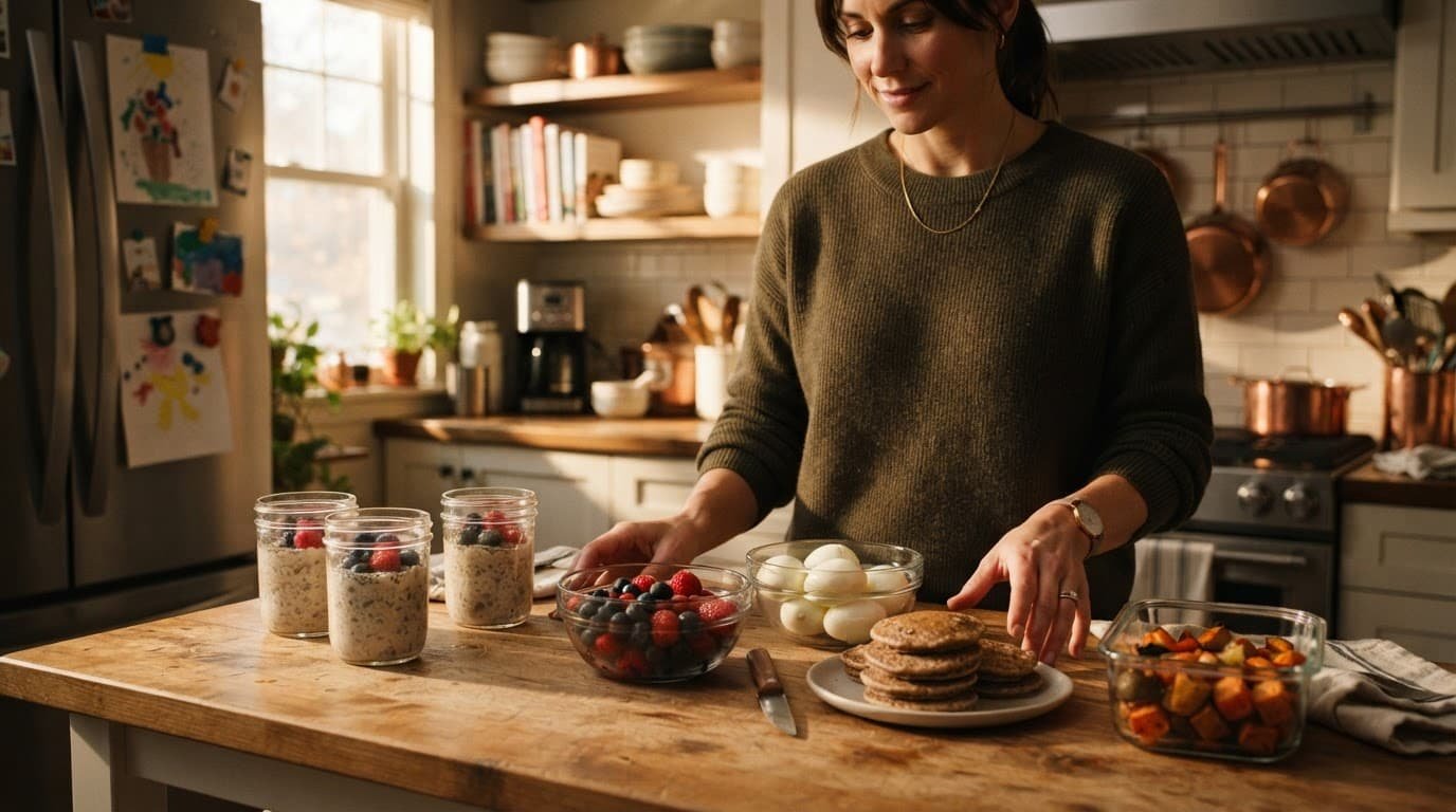 Hands rest beside prepared oats, berries, eggs, pancakes, and vegetables on a warm kitchen counter.