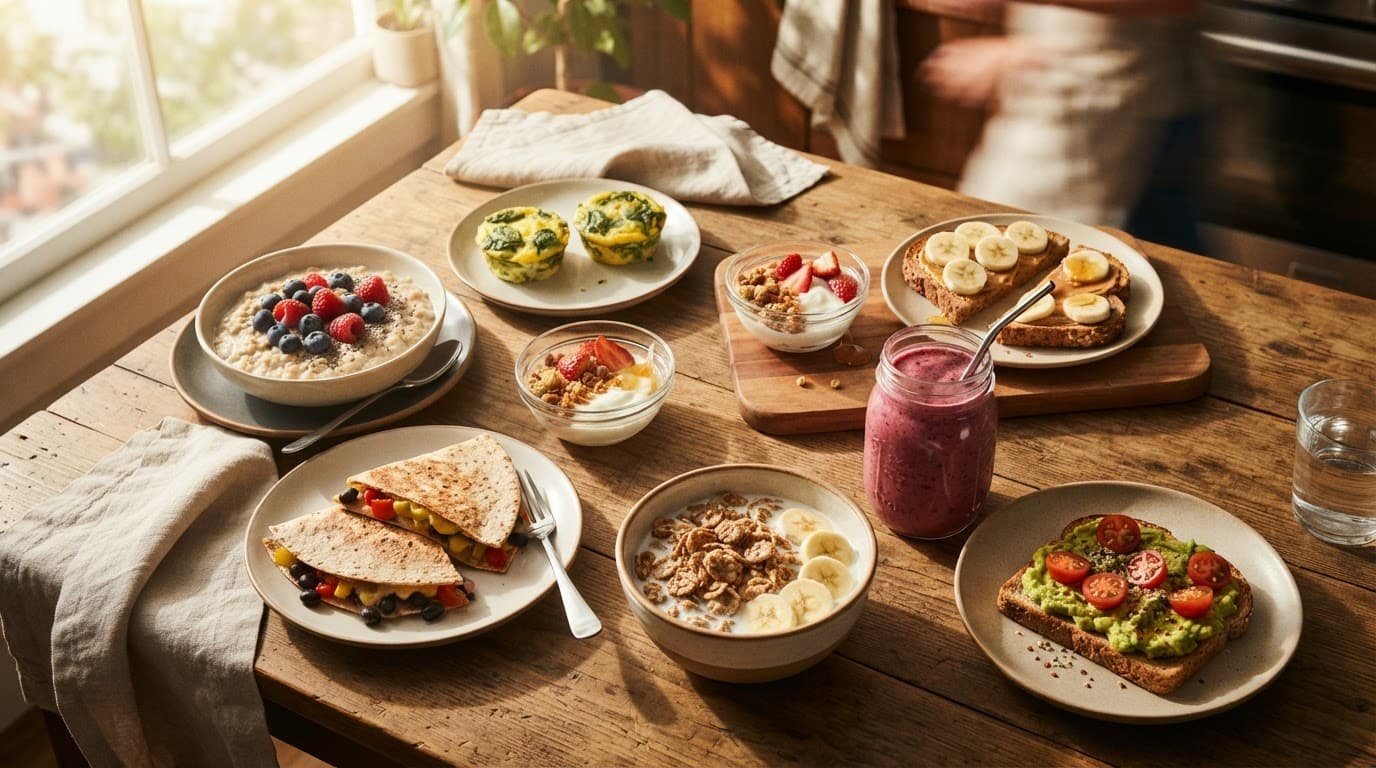 Eight colorful kid-friendly breakfasts arranged on a warm kitchen table.