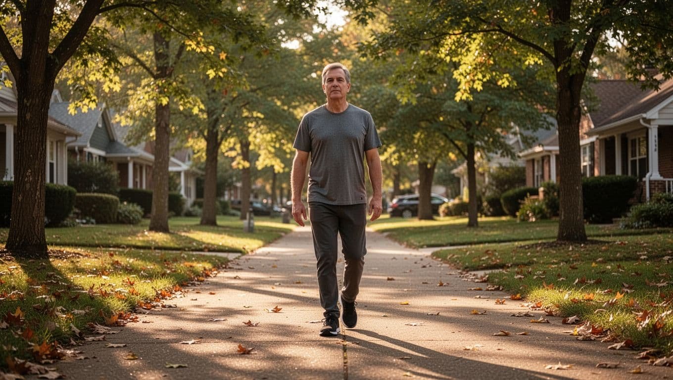 One adult walks alone on a leafy path in warm morning light.