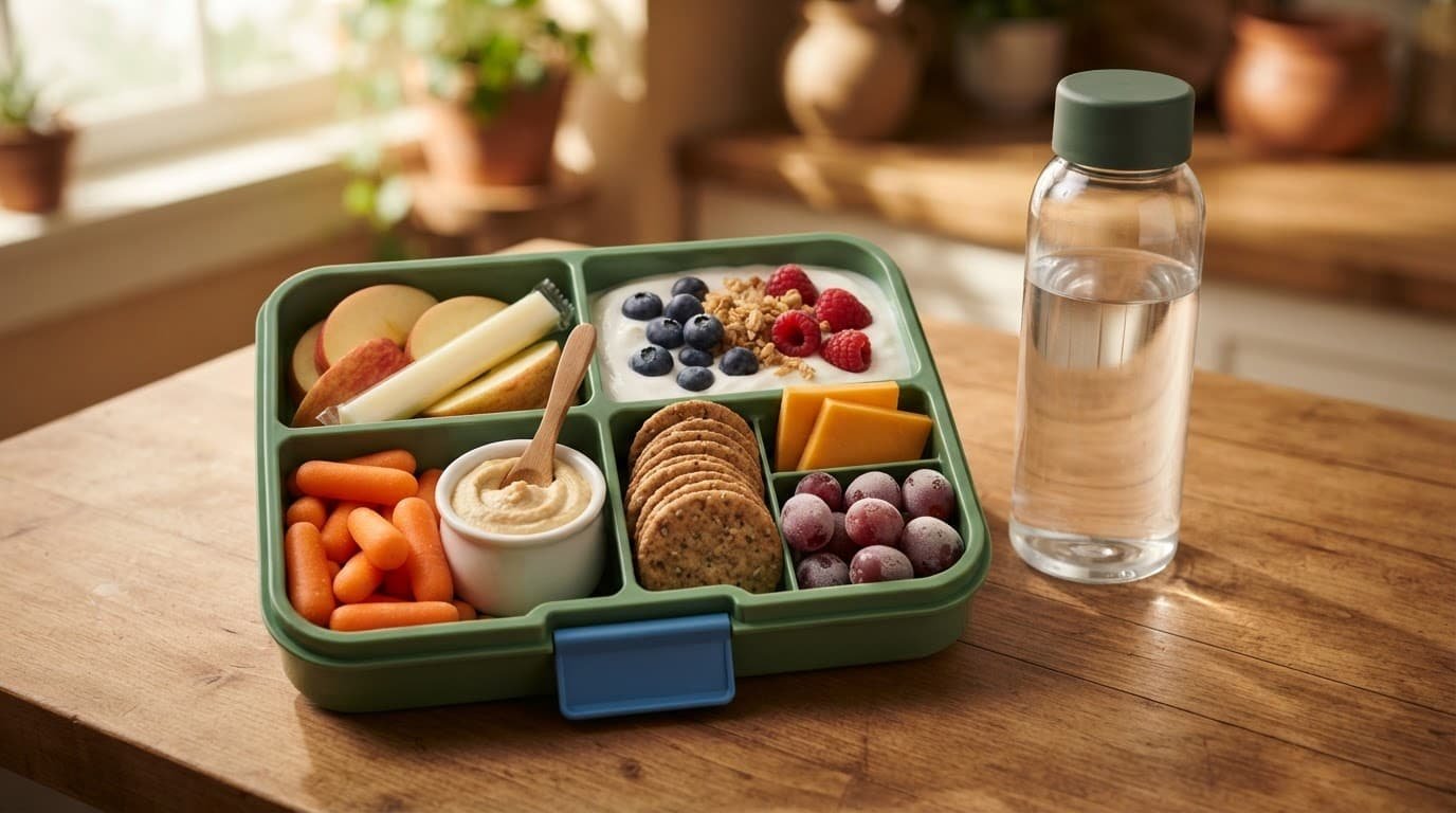 A colorful snack box with fruit, vegetables, yogurt, crackers, and a water bottle.