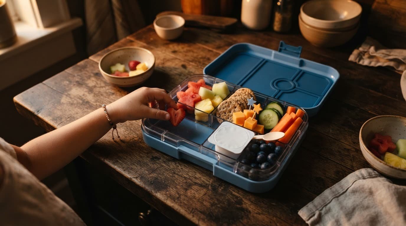 Open lunchbox filled with fruit, crackers, cheese, and yogurt on a warm kitchen counter.