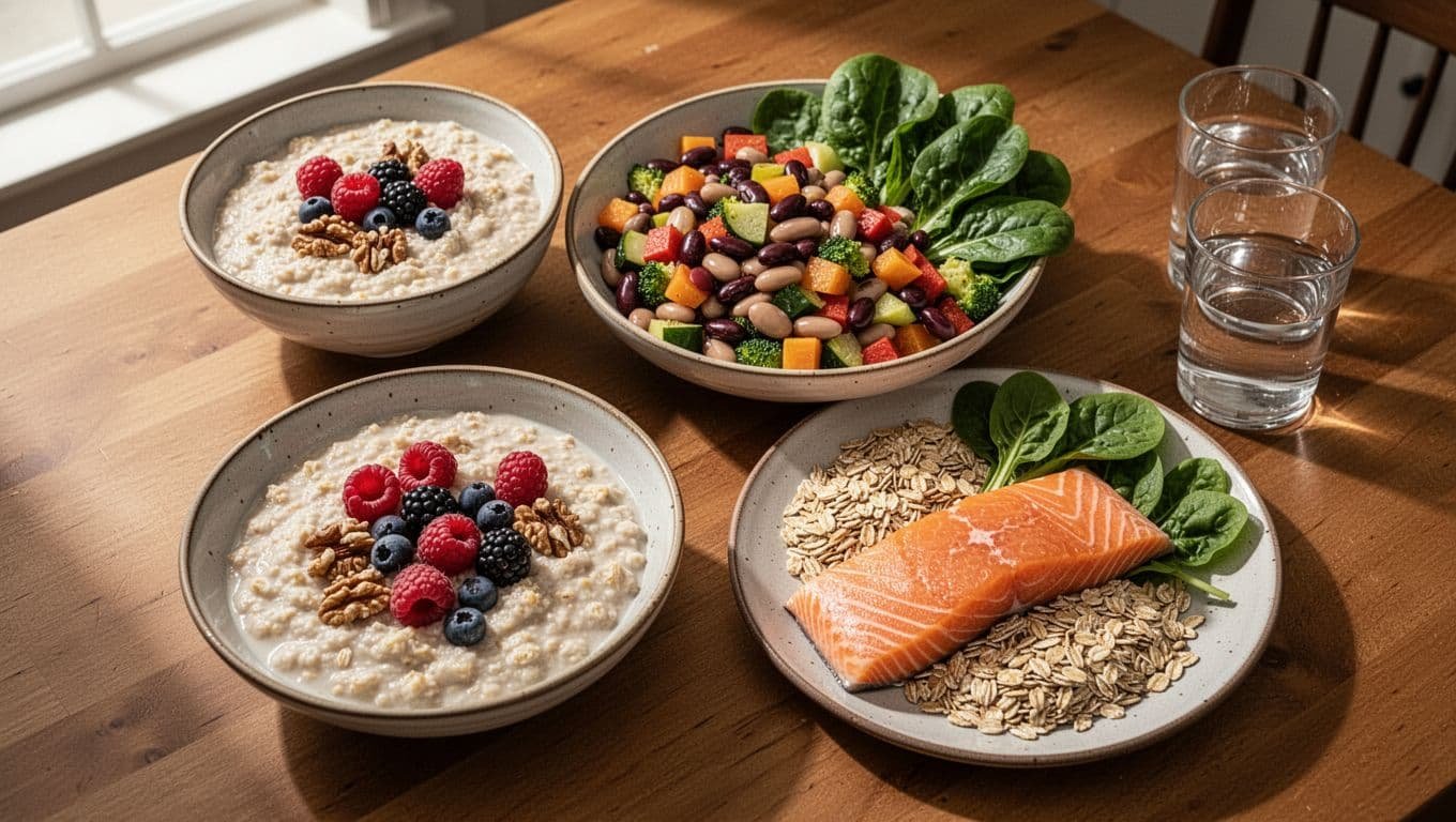 Overhead view of oatmeal, vegetables, salmon, whole grains, and water on a kitchen table.