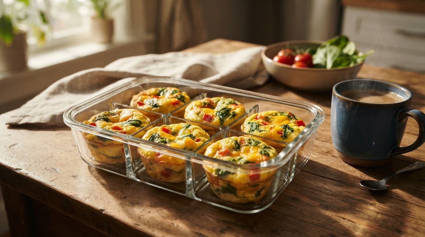 Six golden egg bites with spinach and peppers sit beside coffee and fresh ingredients.