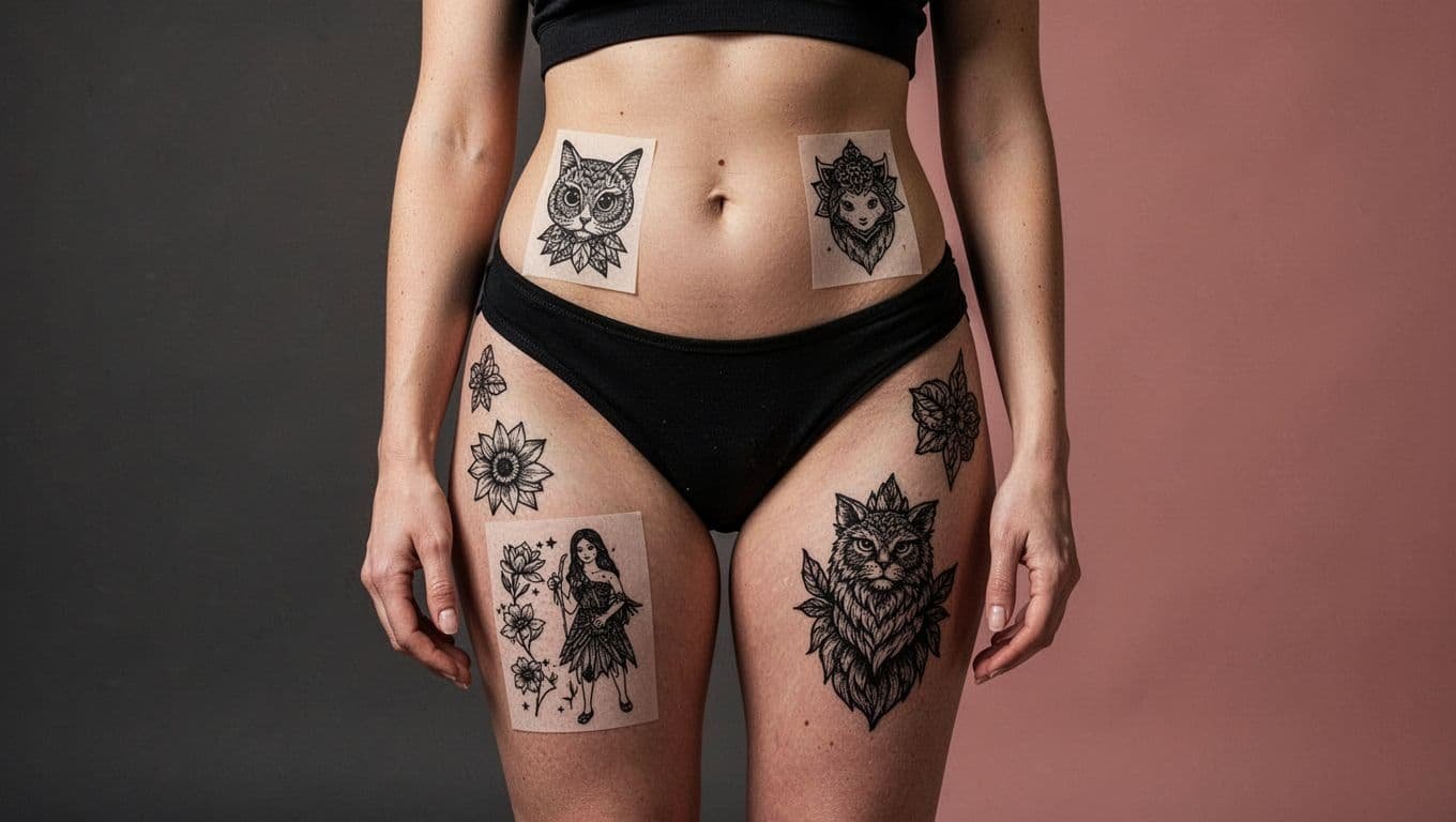 Cropped woman showing temporary tattoo placements across her hips and upper thigh.