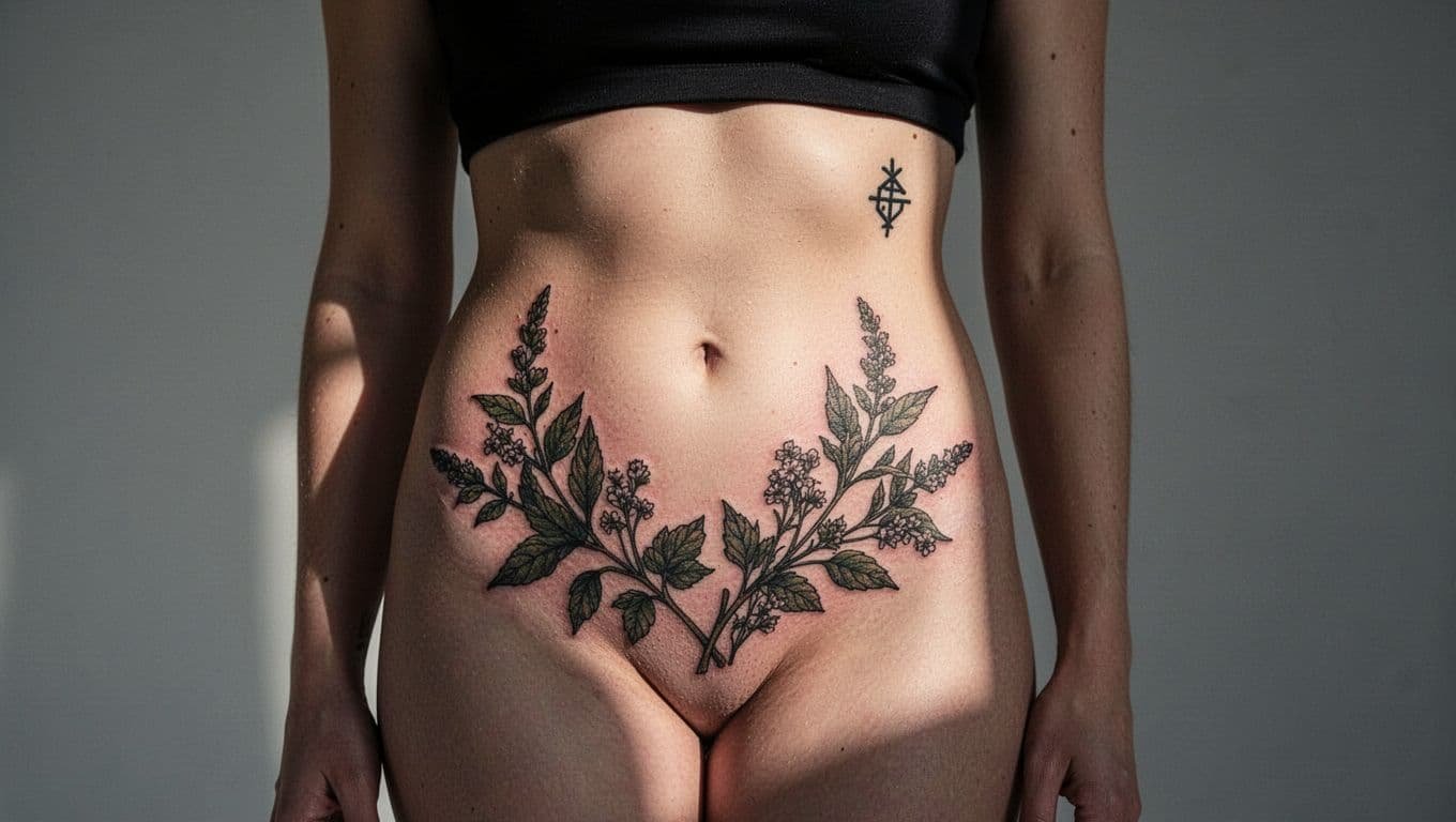 Cropped torso showing botanical tattoos on the outer hip and near the hip bone.
