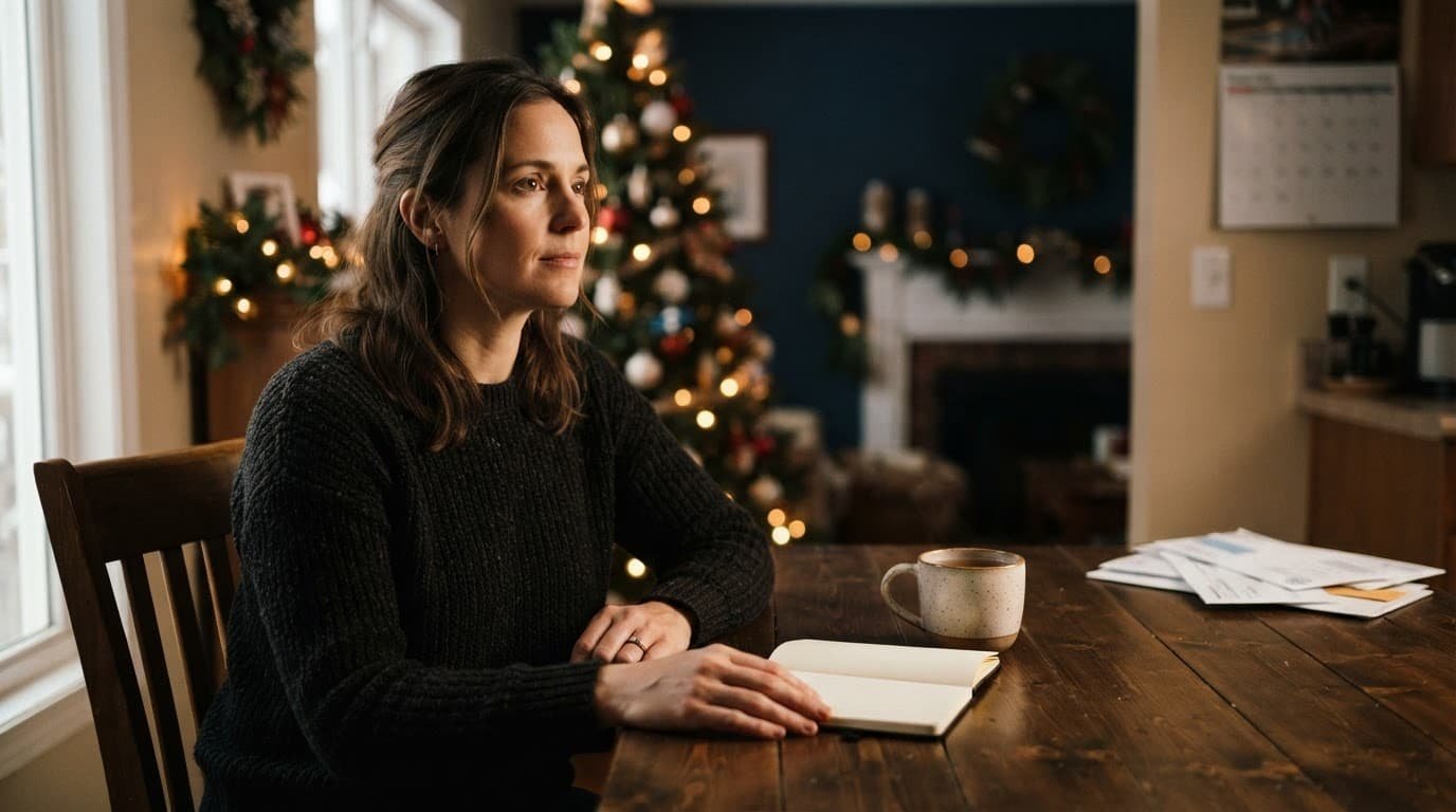 An adult rests their hands beside a notebook and mug at a holiday kitchen table.