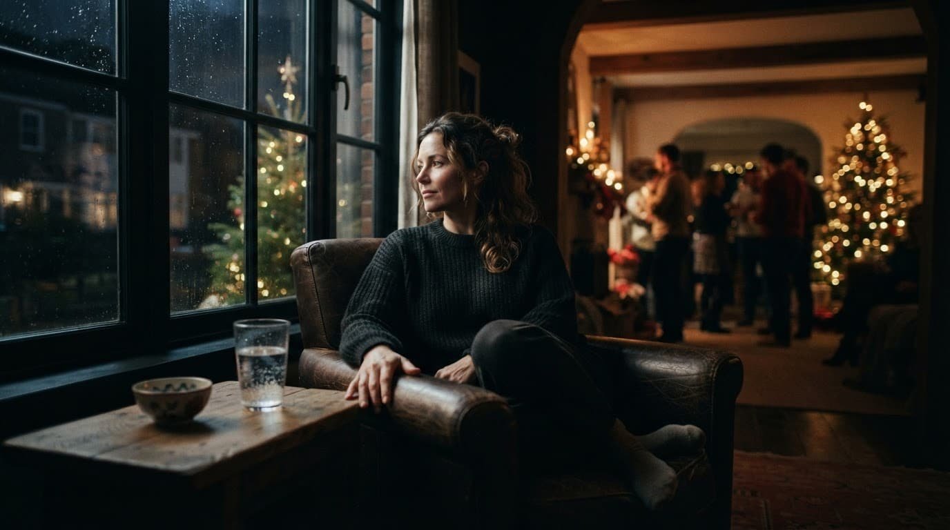 An adult takes a quiet break by a window with water nearby and holiday lights behind them.