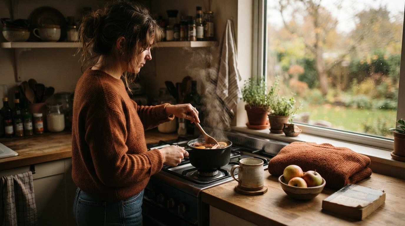 A person makes cider beside a mug, saucepan, book, sweater, and bowl of apples.