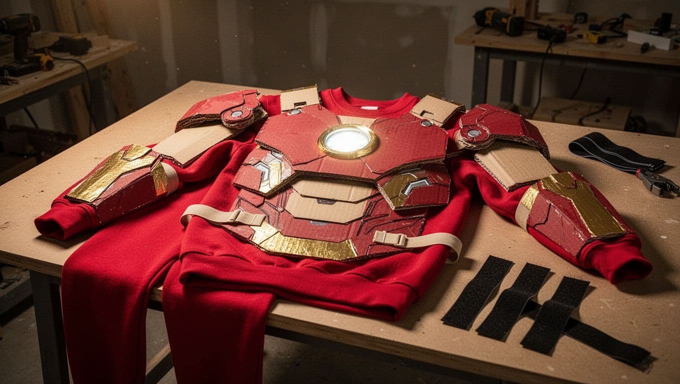 Homemade red and gold superhero costume with cardboard armor on a worktable.