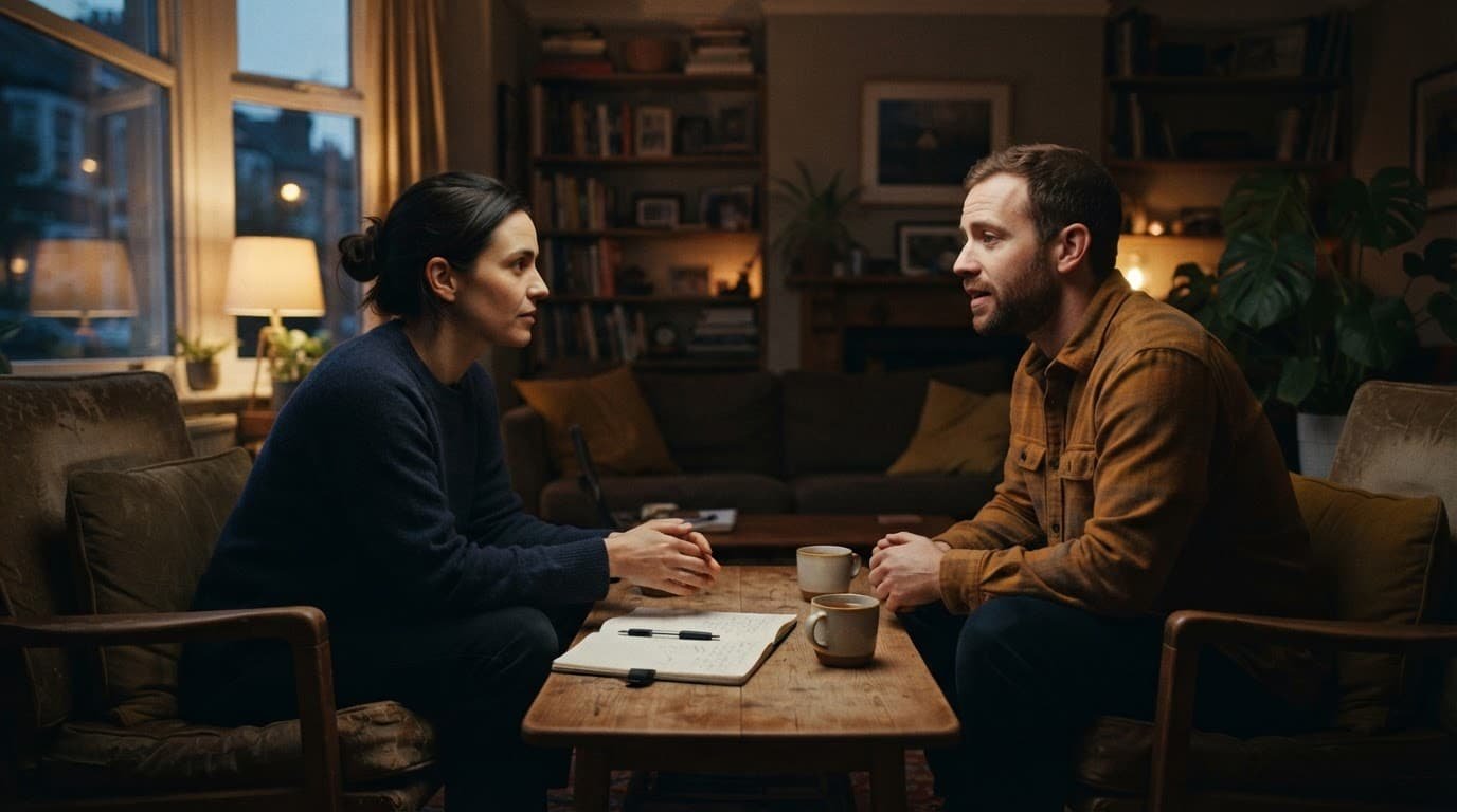 Two adults discuss their relationship across a table with a notebook between them.