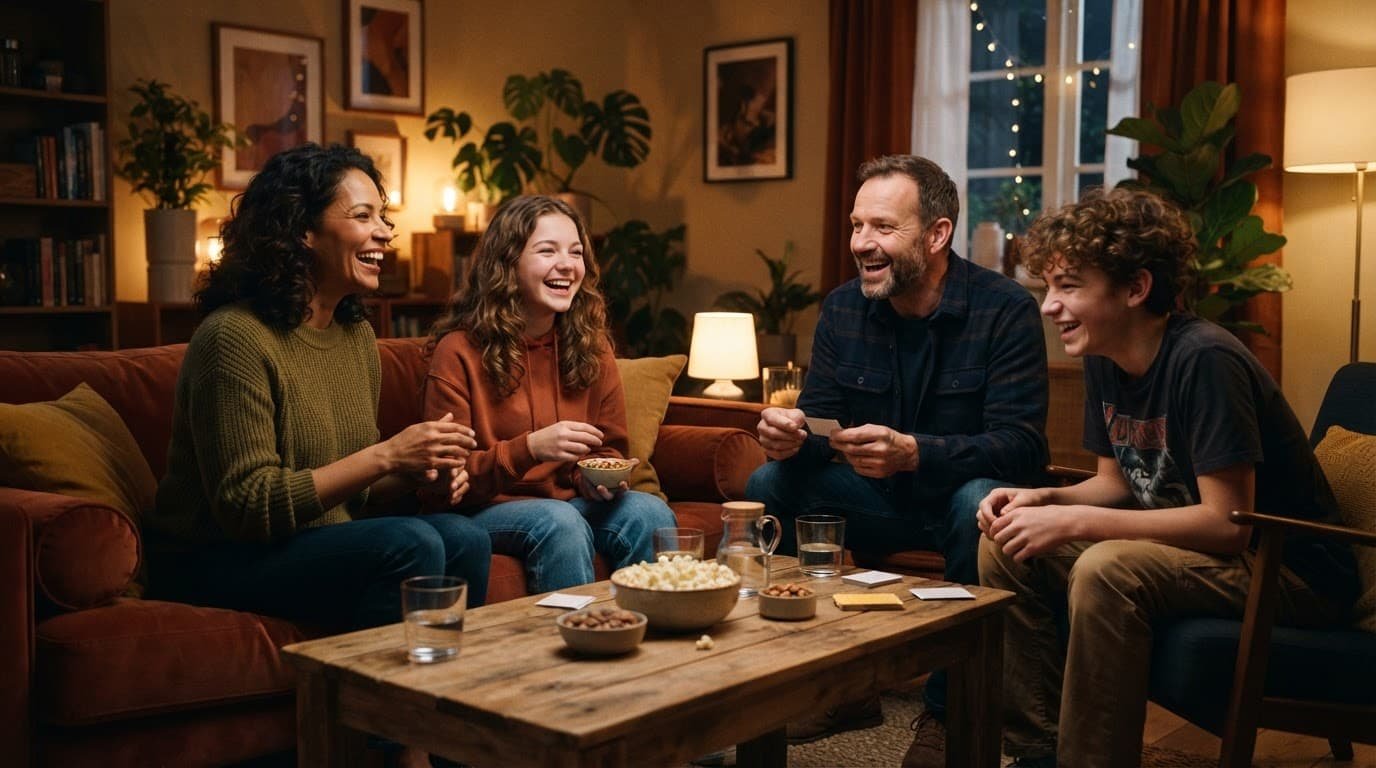Two adults and two teenagers laugh together during a guessing game in a bright living room.
