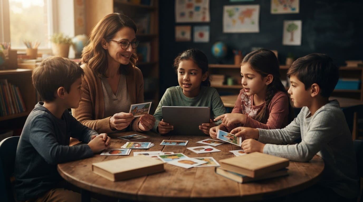 Teacher and four students use picture cards and books around a classroom table.