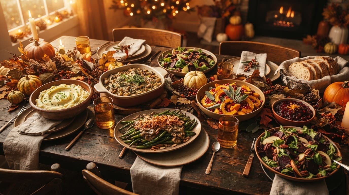 A warm holiday table holds colorful vegetarian side dishes, autumn foliage, and linen napkins.