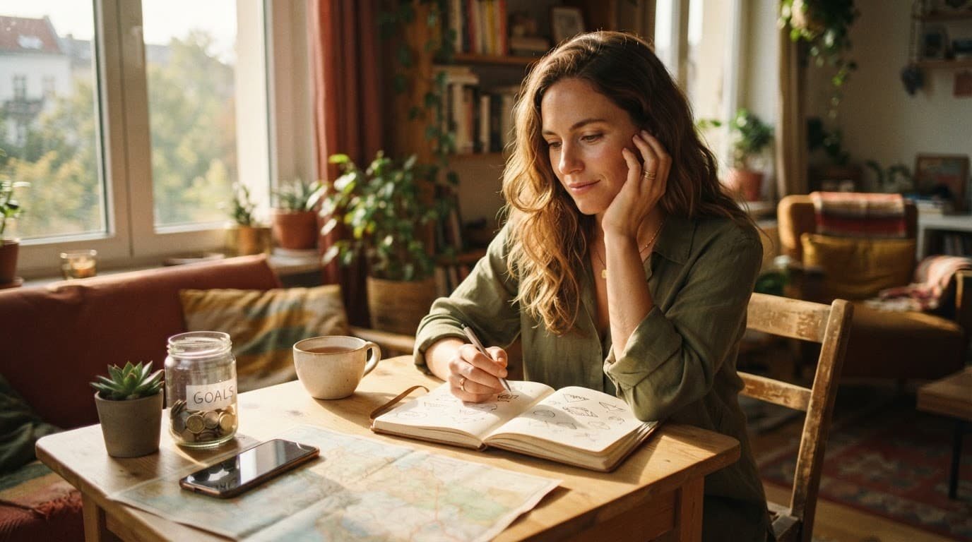 Adult at a sunny desk with a notebook, savings jar, and turned-away phone.