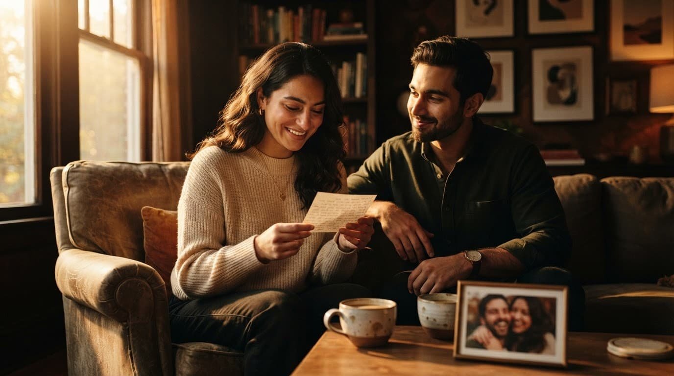 A woman reads a love note while her partner sits beside coffee cups and a shared photograph.