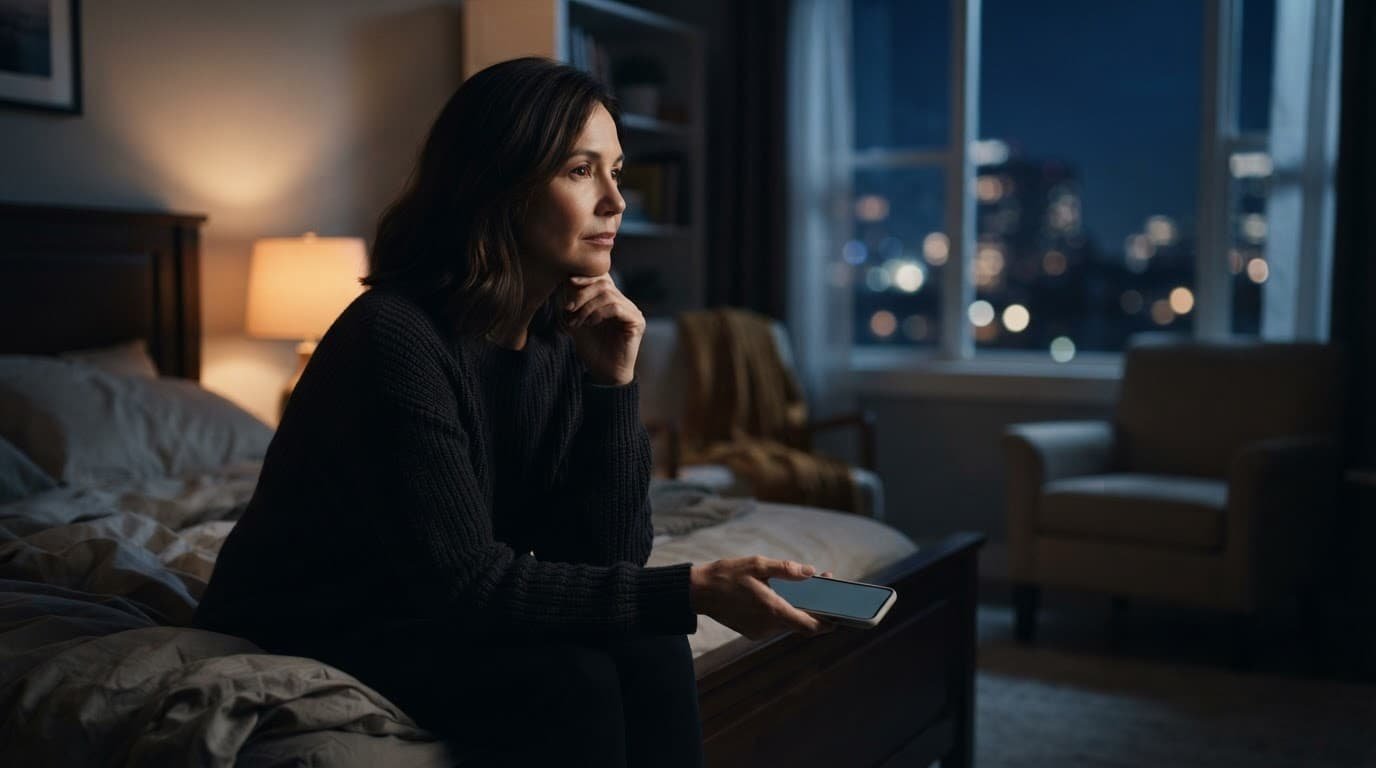 A woman sits alone at night with a phone as city lights glow behind her.