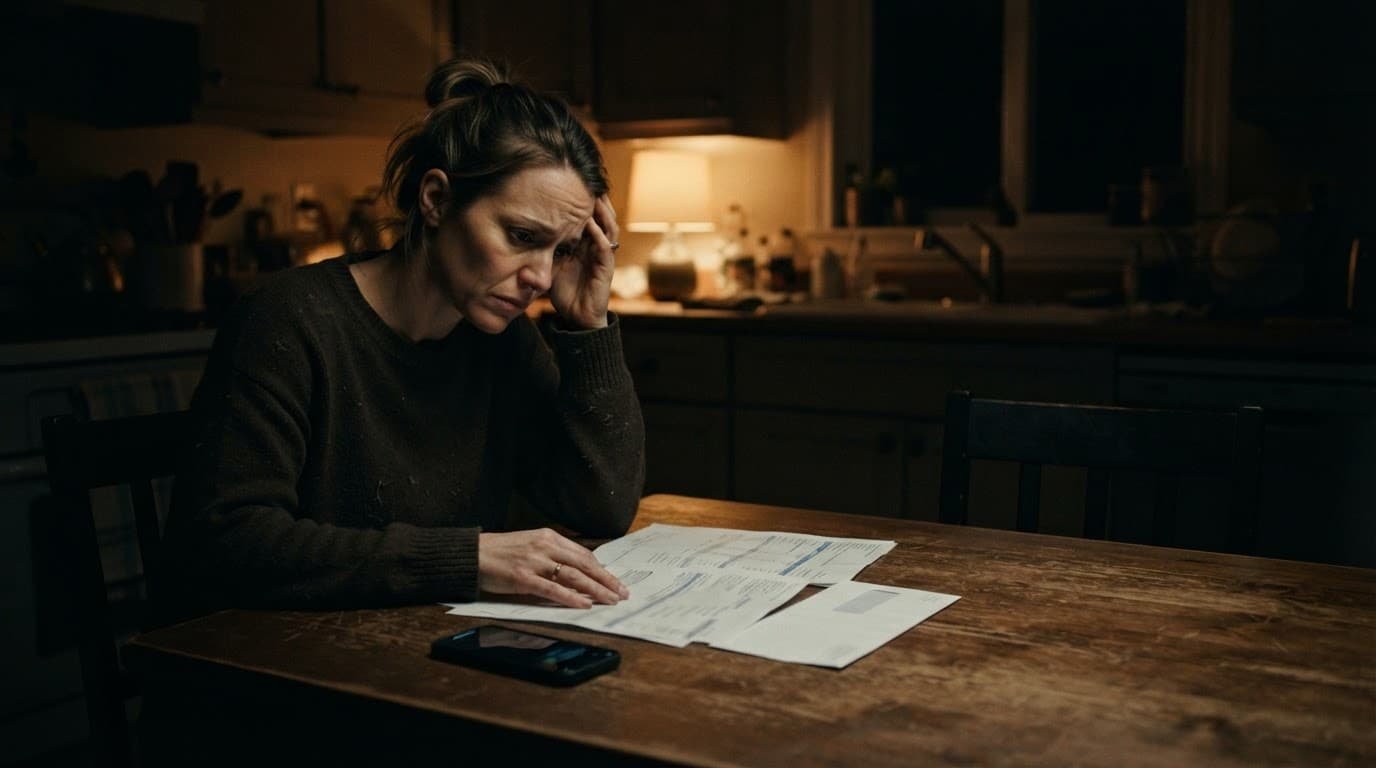 A worried woman sits alone beside bills and a dim phone at night.