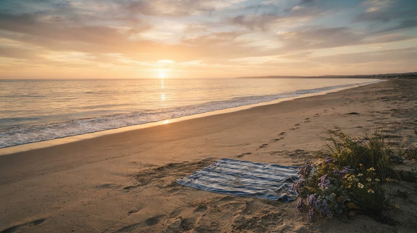 A striped towel, footprints, and wildflowers beside a calm beach at sunset.