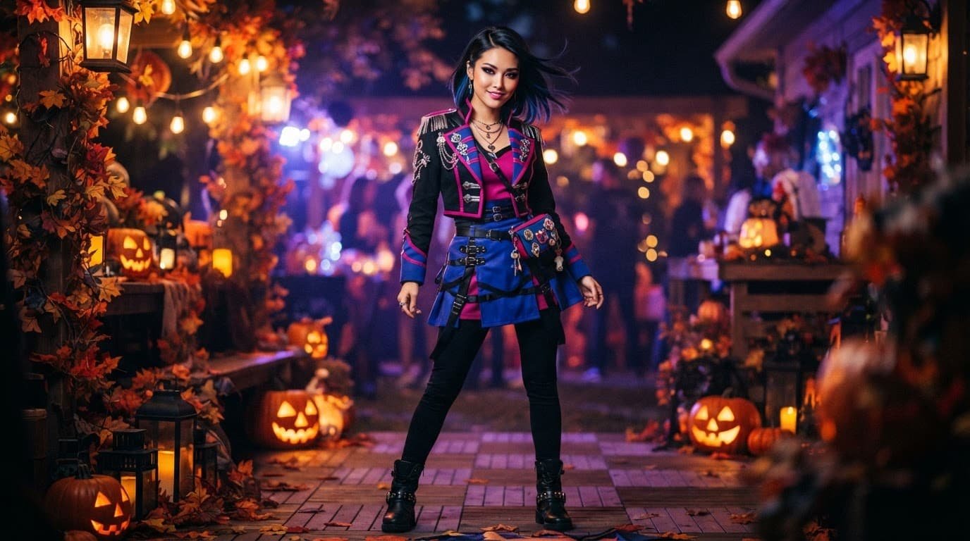 One performer in a colorful pop fantasy Halloween costume under warm party lights.