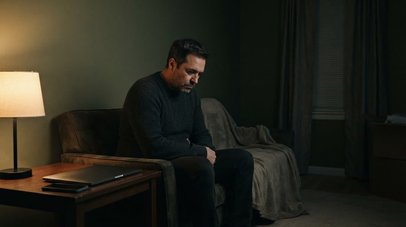 A tired man sits alone in a dim room beside a laptop and phone.