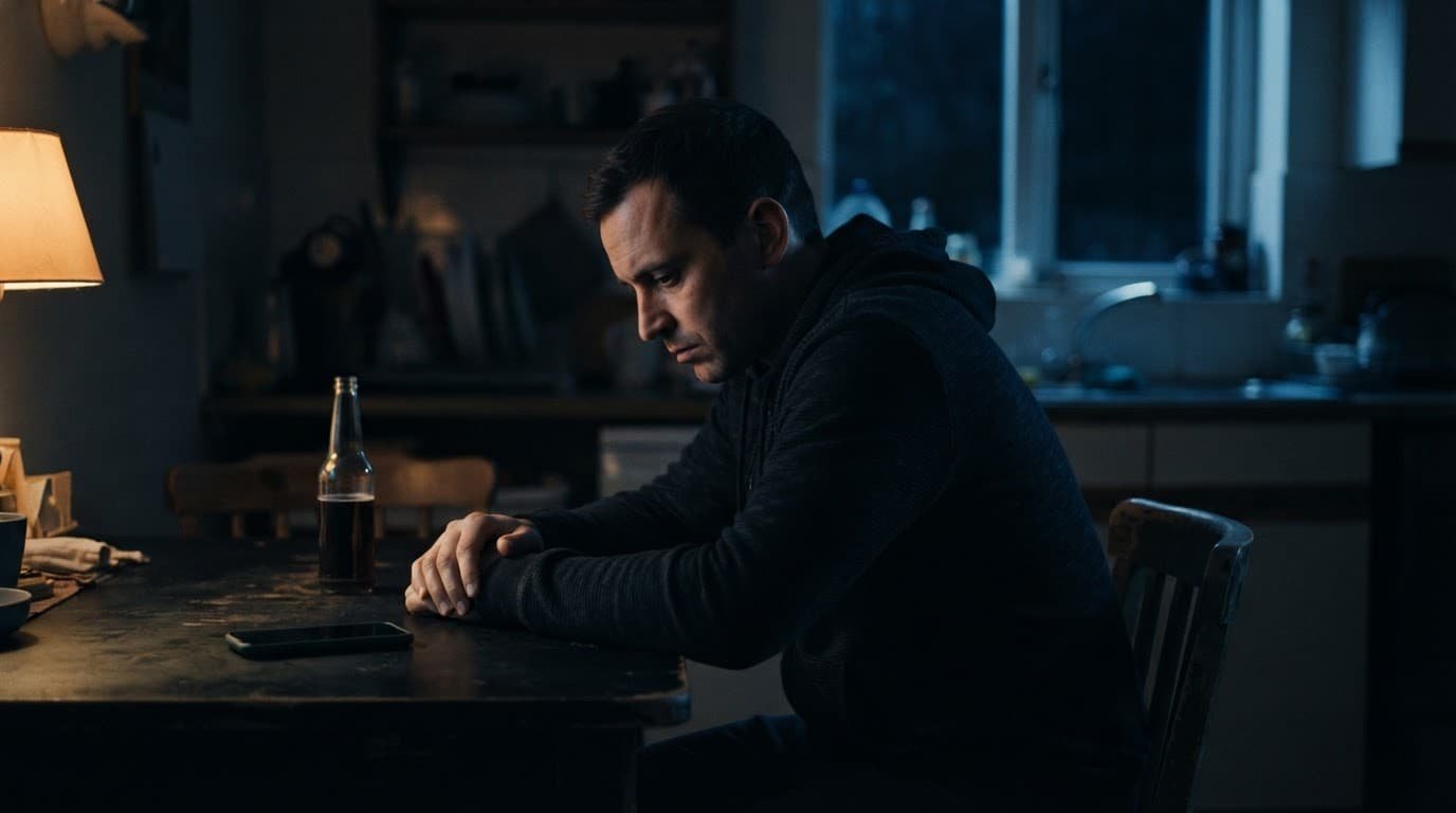 A man sits alone at a kitchen table with a phone and unopened drink.