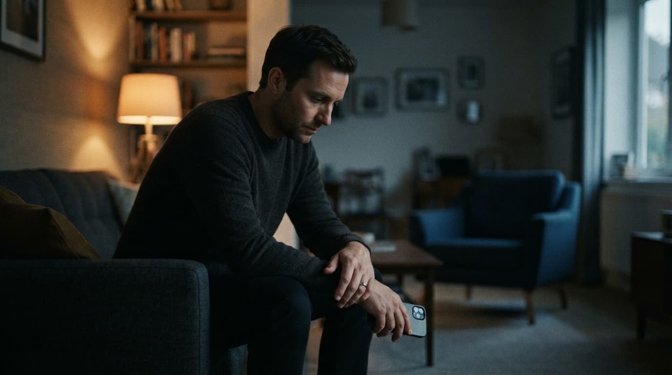 A man sits apart on a sofa with a phone in a quiet living room.