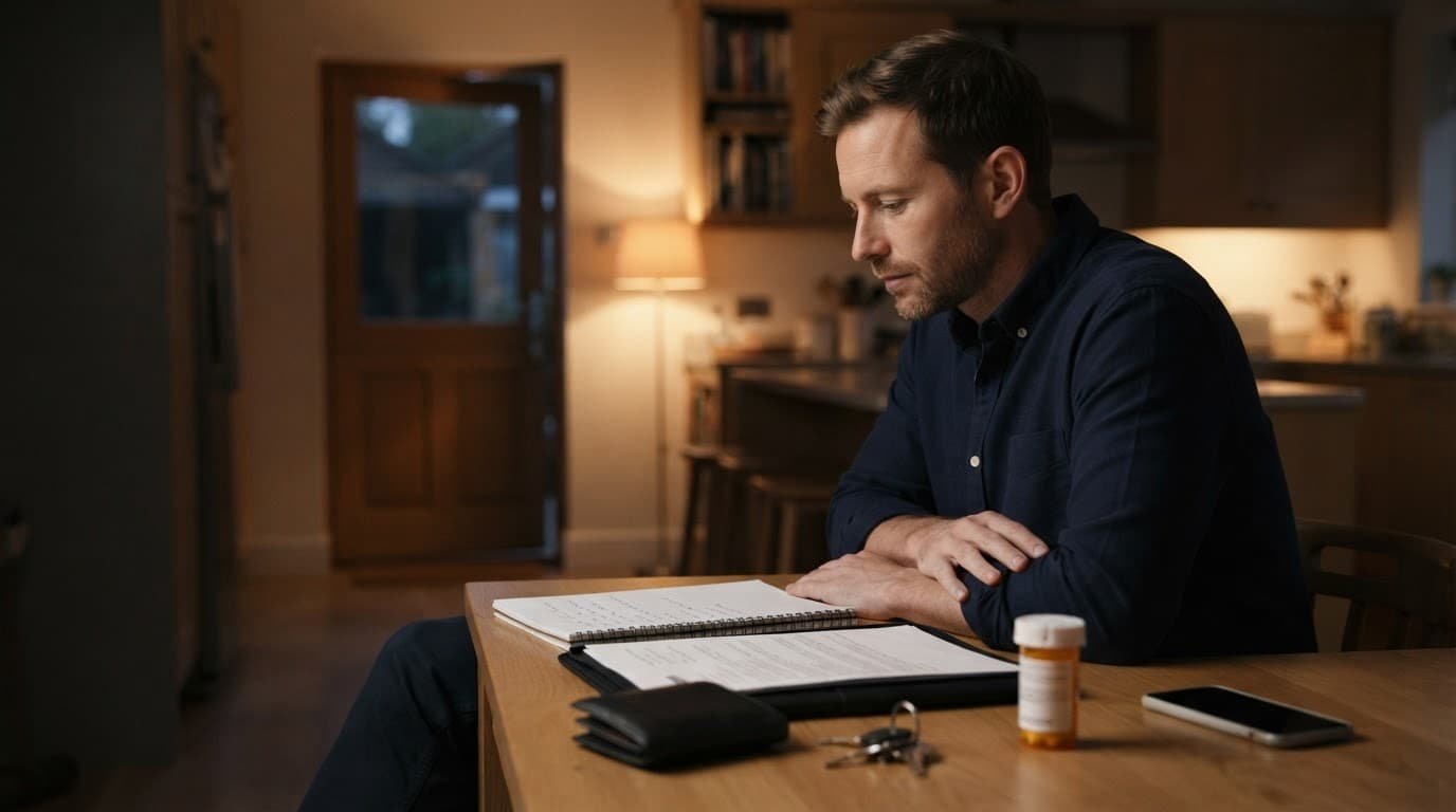 A man plans for safety at a kitchen table with essential items nearby.
