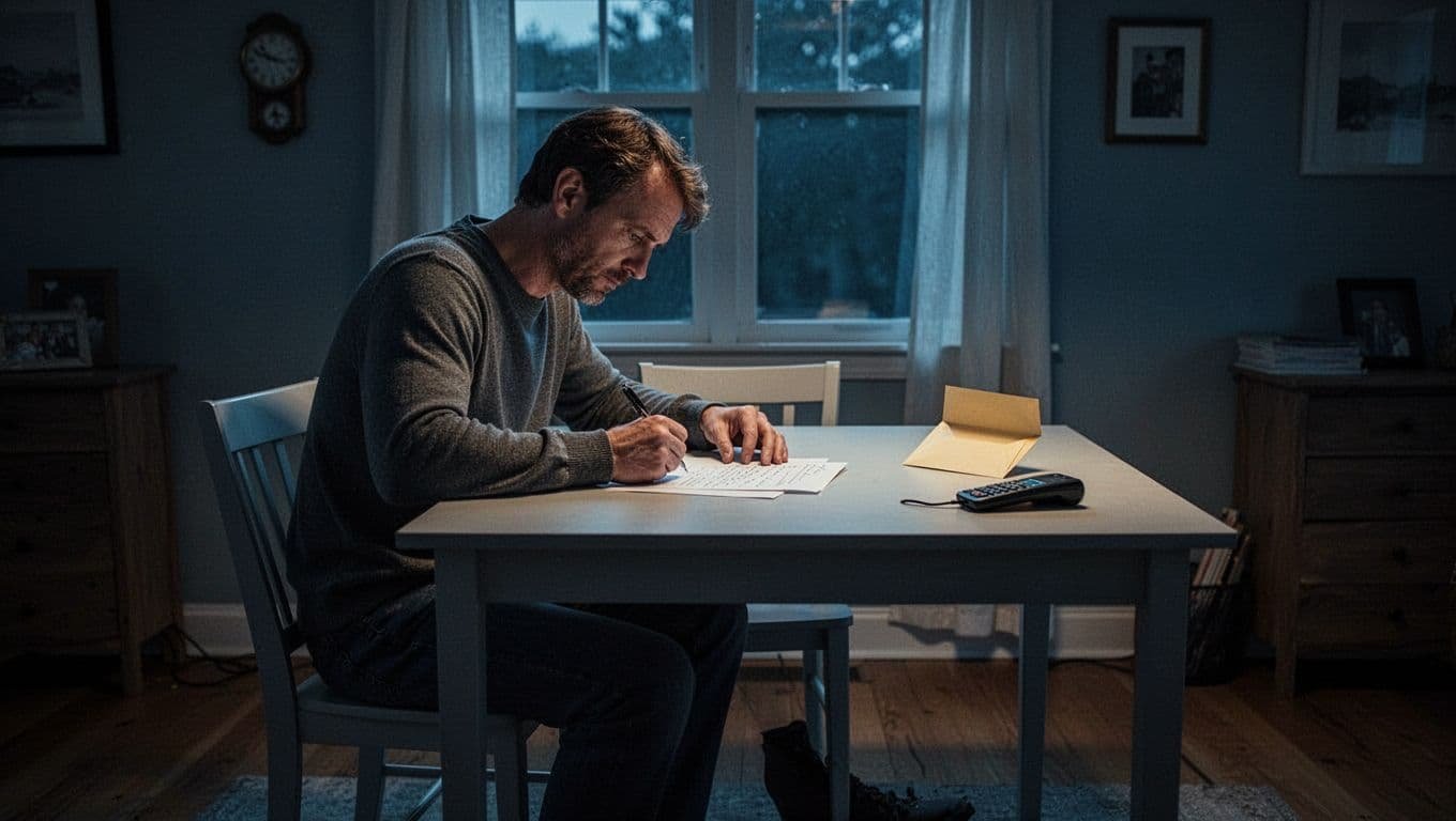A man writes an apology letter at a desk beside an envelope and phone.