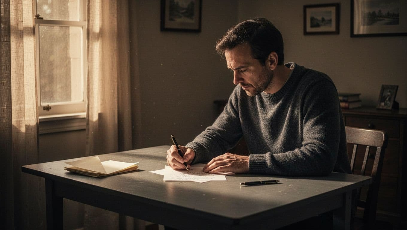 A man sits alone at a desk writing a letter in warm window light.
