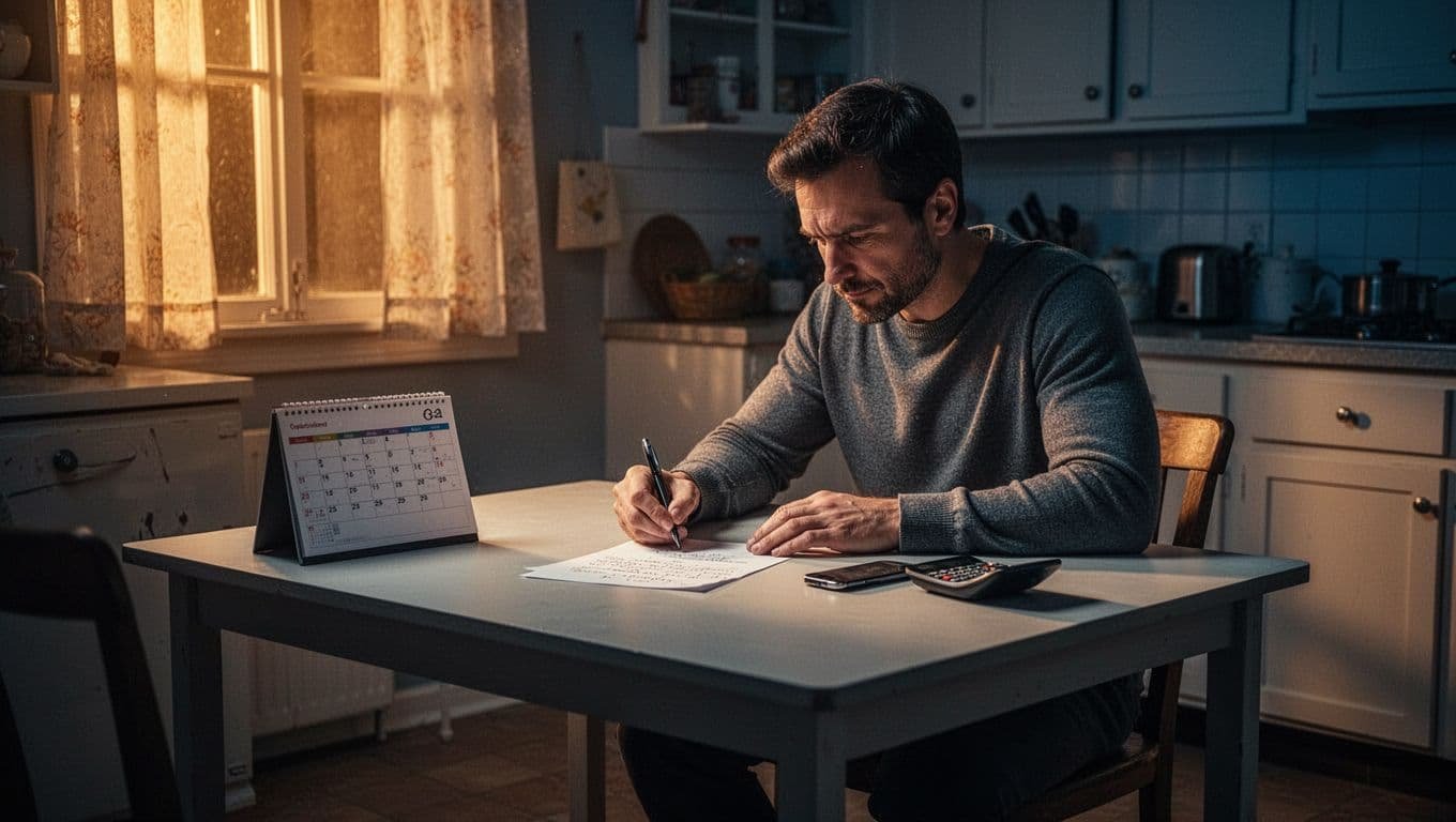 A man writes a letter at a kitchen table beside a calendar and phone.
