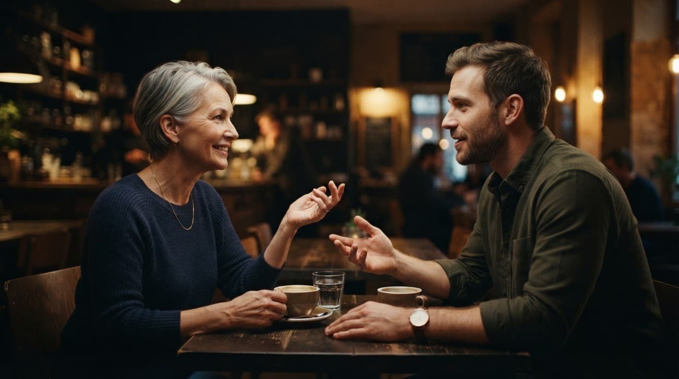 An older woman and younger man having a relaxed conversation over coffee.