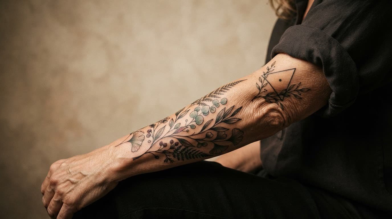 Close-up of mature skin with a botanical tattoo and geometric symbol.