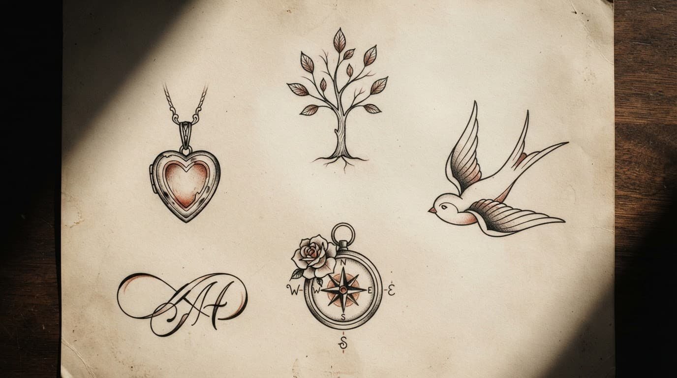 Five fine-line tattoo designs for family, memory, love, and personal values.