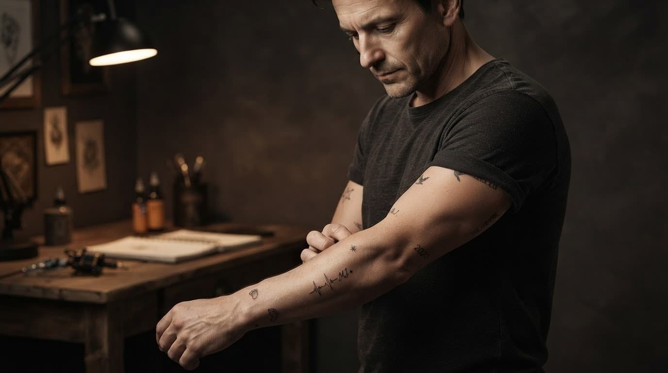 An adult man showing small newborn tattoo designs on his forearm and upper torso.