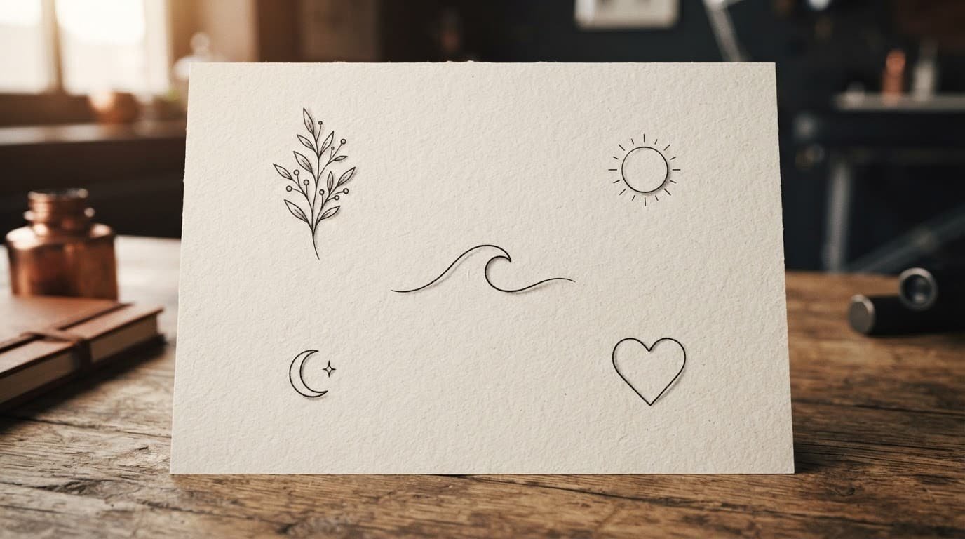 Five minimalist black ink tattoo sketches arranged on warm ivory paper.