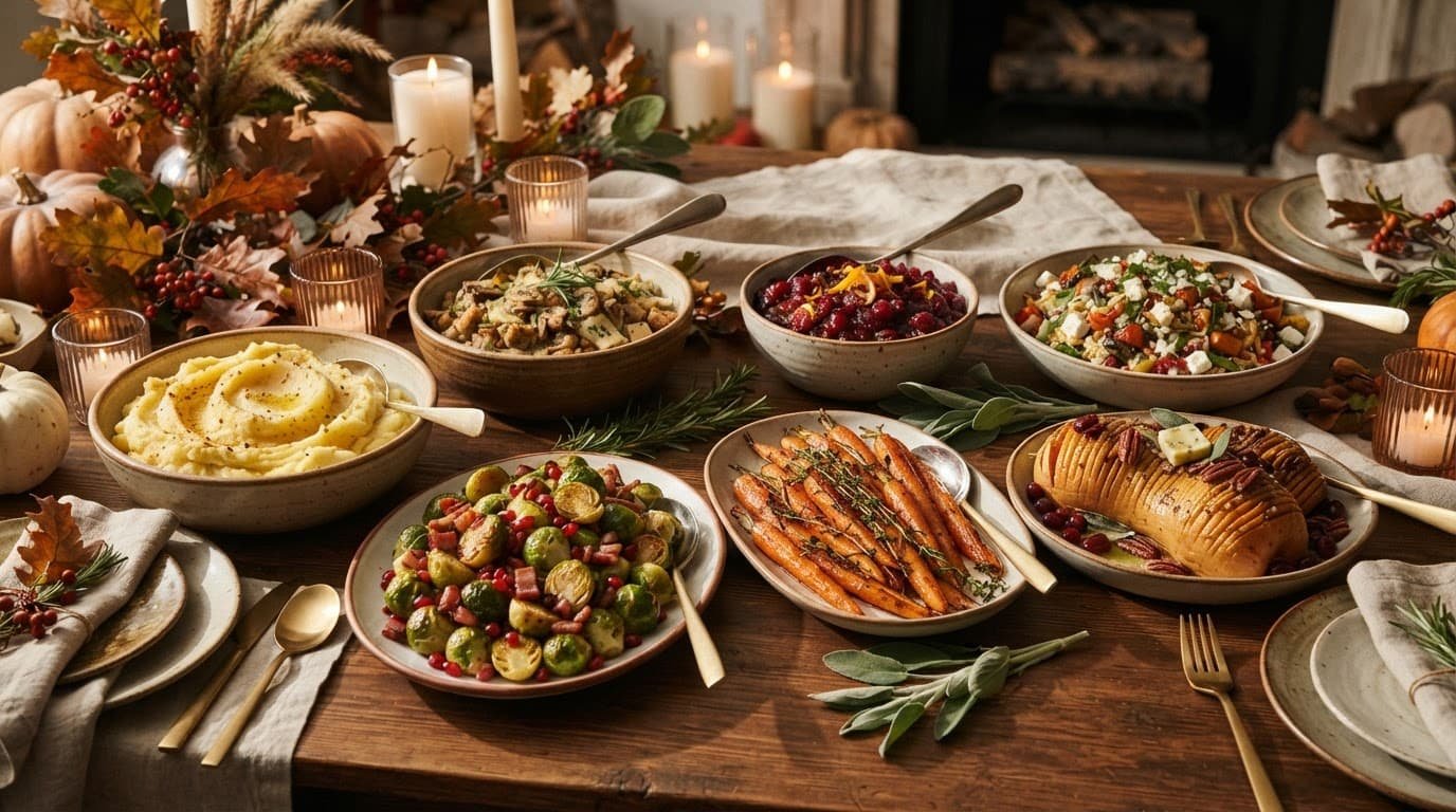 Thanksgiving side dishes arranged in ceramic bowls on a warmly lit rustic table.