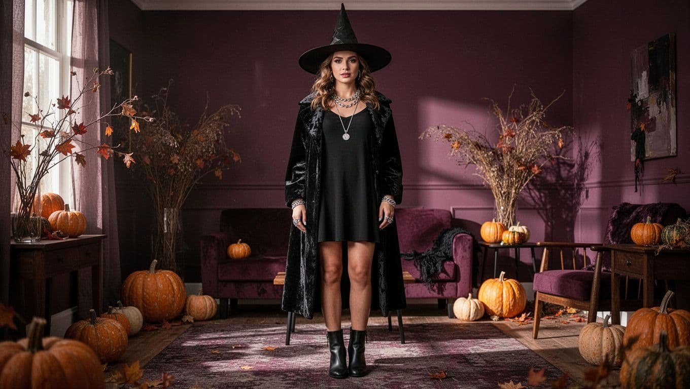 Woman in a modern witch costume standing in a warmly lit autumn apartment.