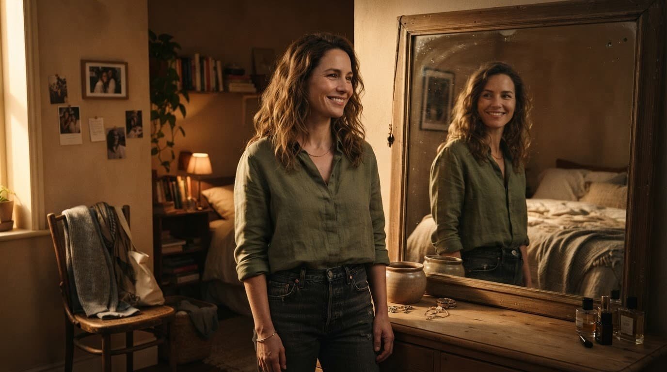 Woman in casual clothes viewing her reflection in a warmly lit bedroom mirror.