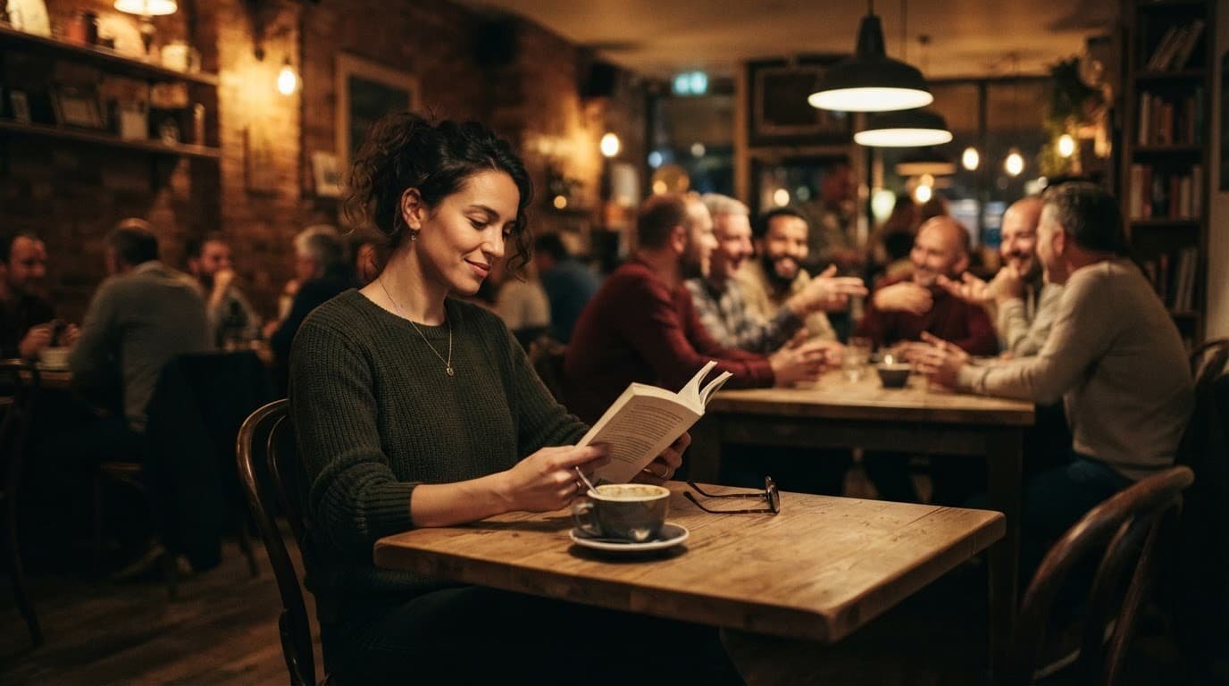 An adult reads with coffee at a cafe while a blurred gathering sits behind them.