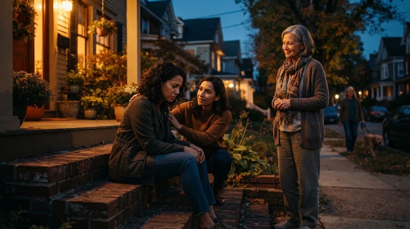 Two neighbors comfort a friend sitting on a front step at dusk.