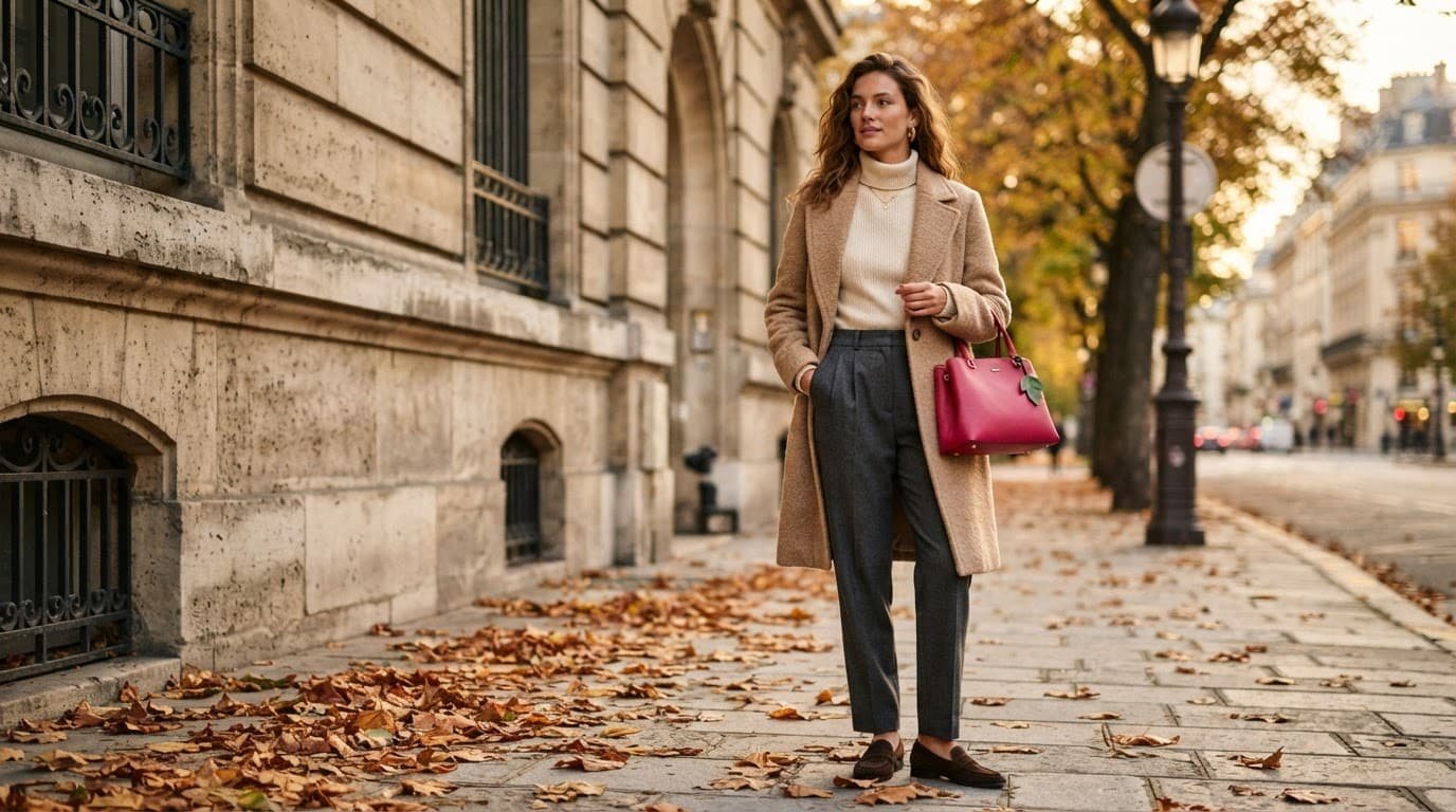 Model in a beige coat and gray trousers carrying a bright pink handbag outdoors.
