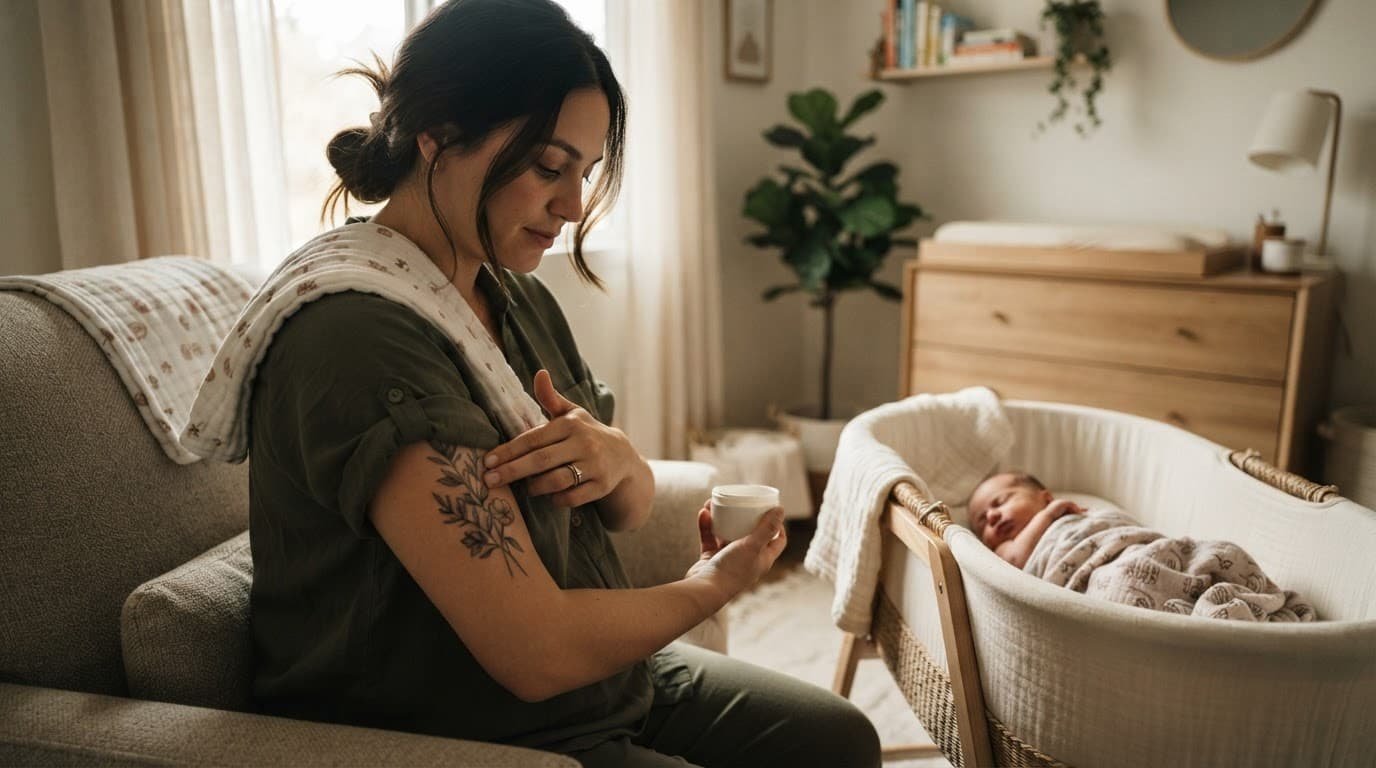 Mother cares for an upper-arm tattoo beside a sleeping newborn in a bassinet.