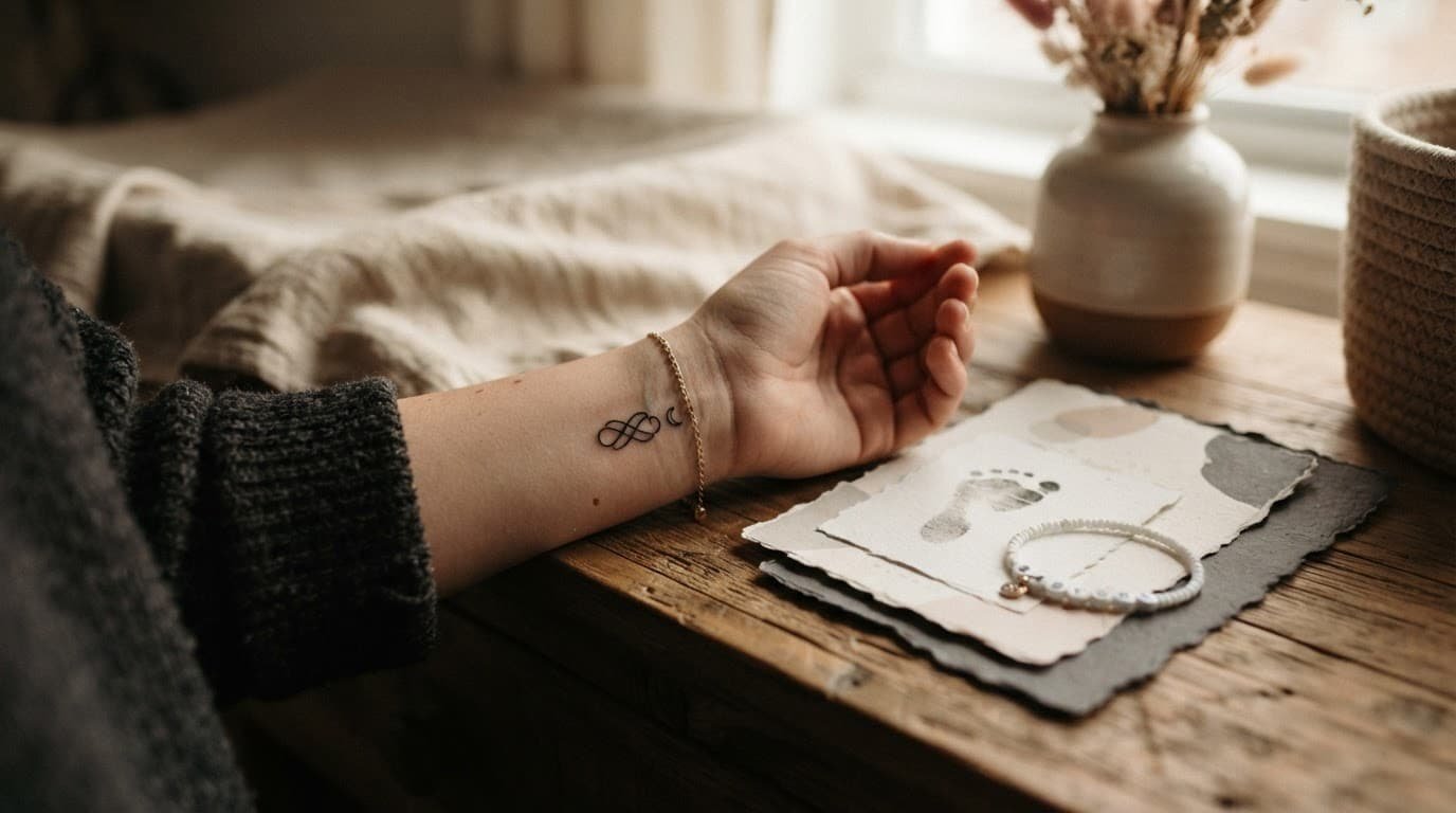 A mother’s forearm with a small tattoo beside newborn keepsakes on a nursery table.