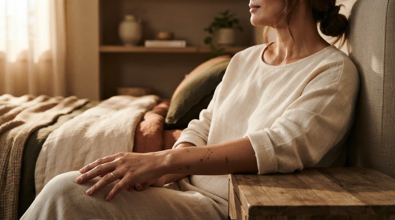 An adult woman's forearm rests beside simple newborn tattoo placement motifs in a warm nursery.