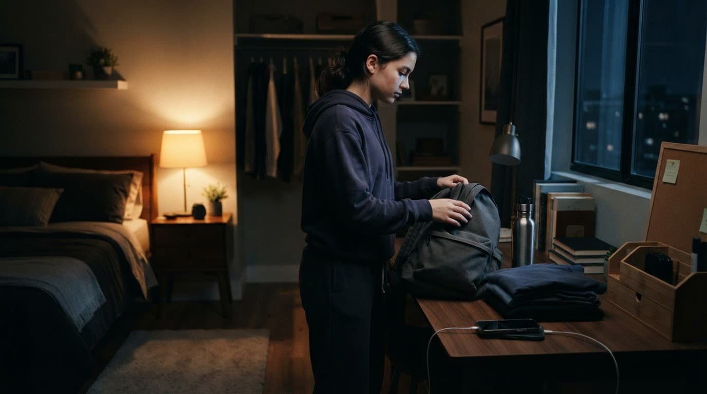 A teen packs school items on a desk in a tidy bedroom at night.