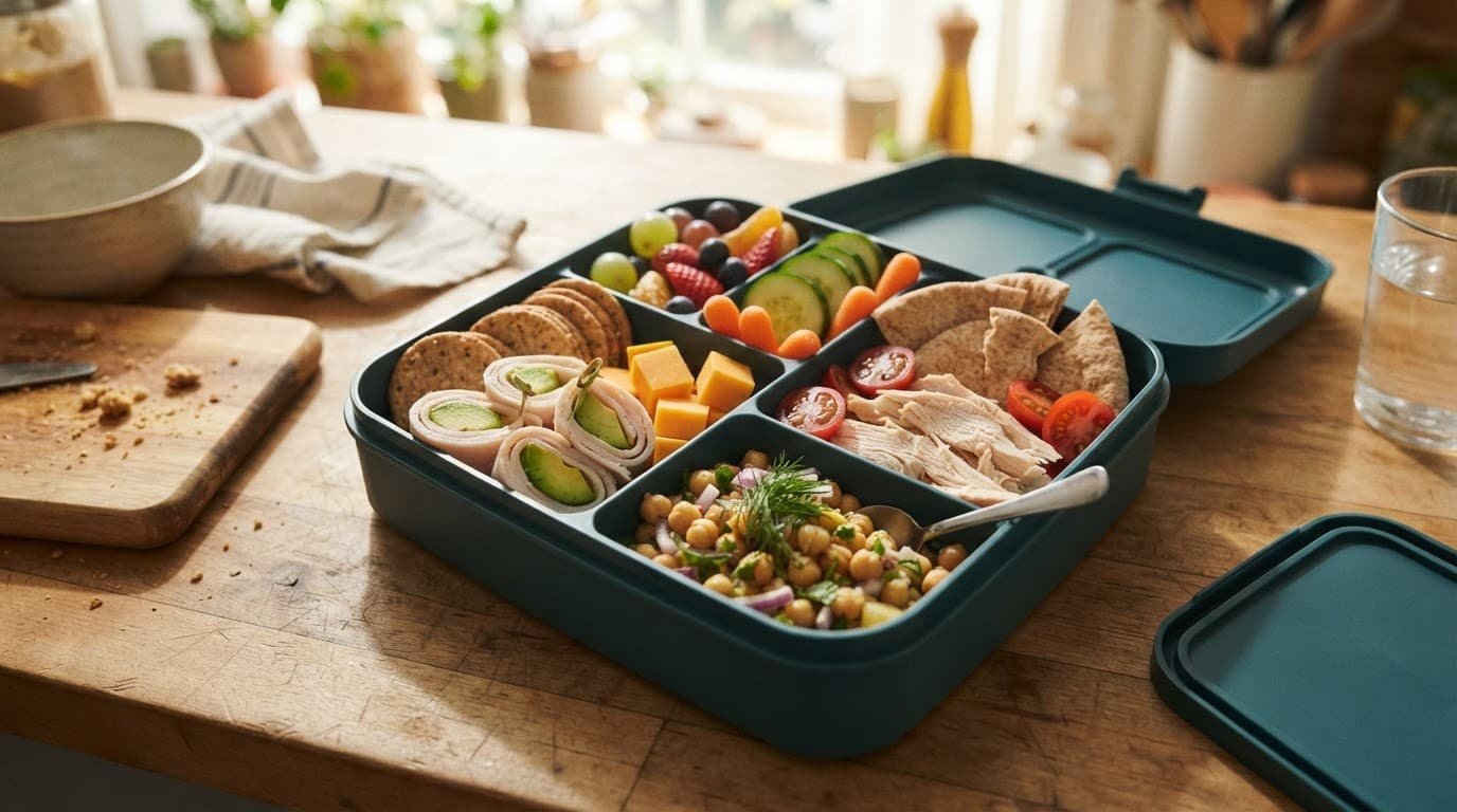 Open lunch box filled with roll-ups, crackers, chicken, fruit, vegetables, and hummus.