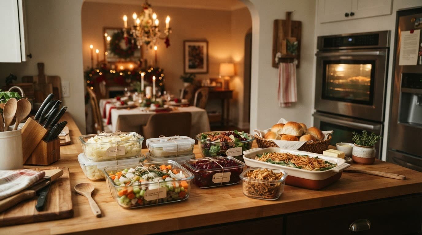 Prepared Thanksgiving sides and toppings arranged in containers on a warm kitchen counter.