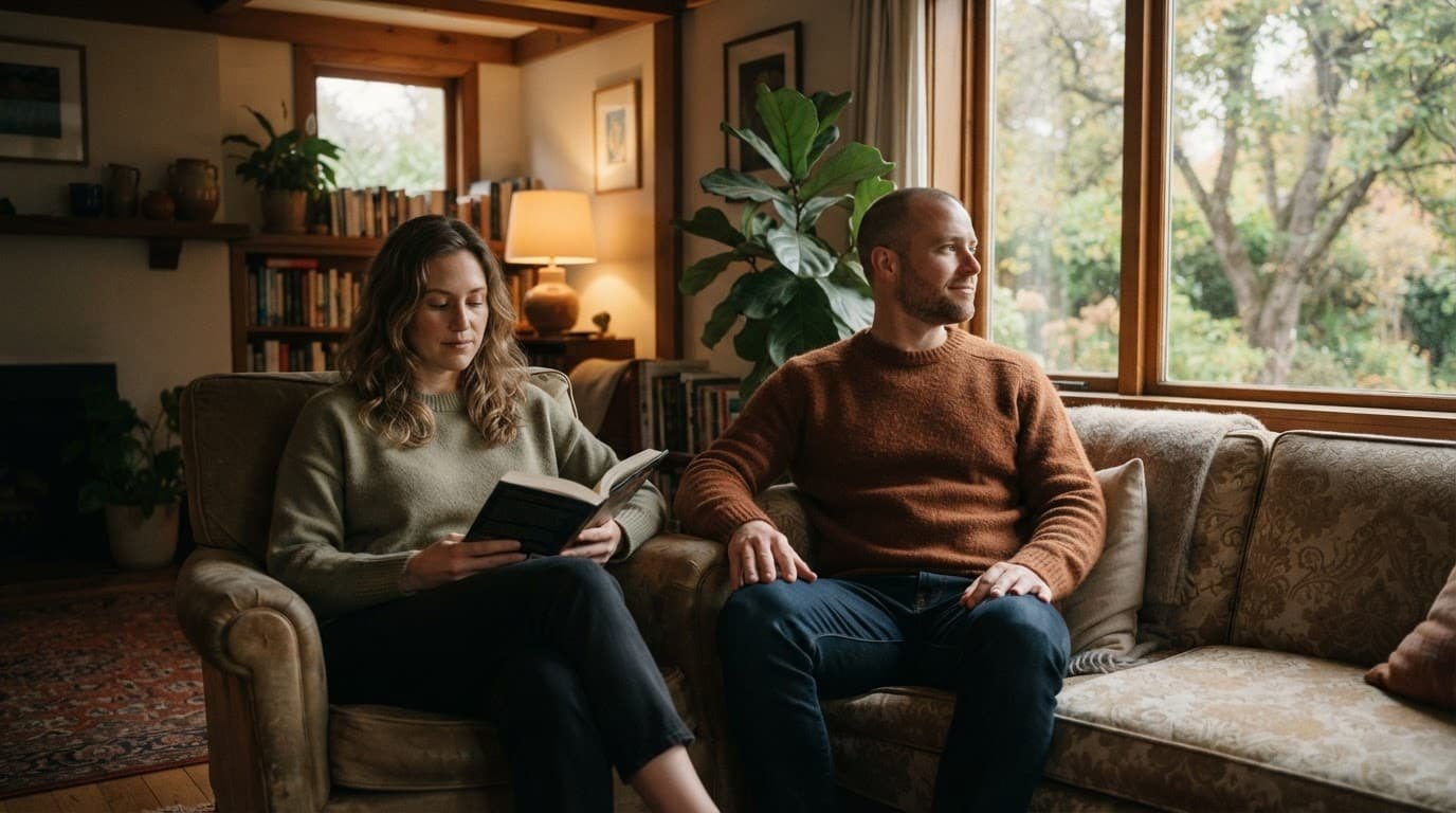 Two adults relax together, with one reading and the other looking out a window.