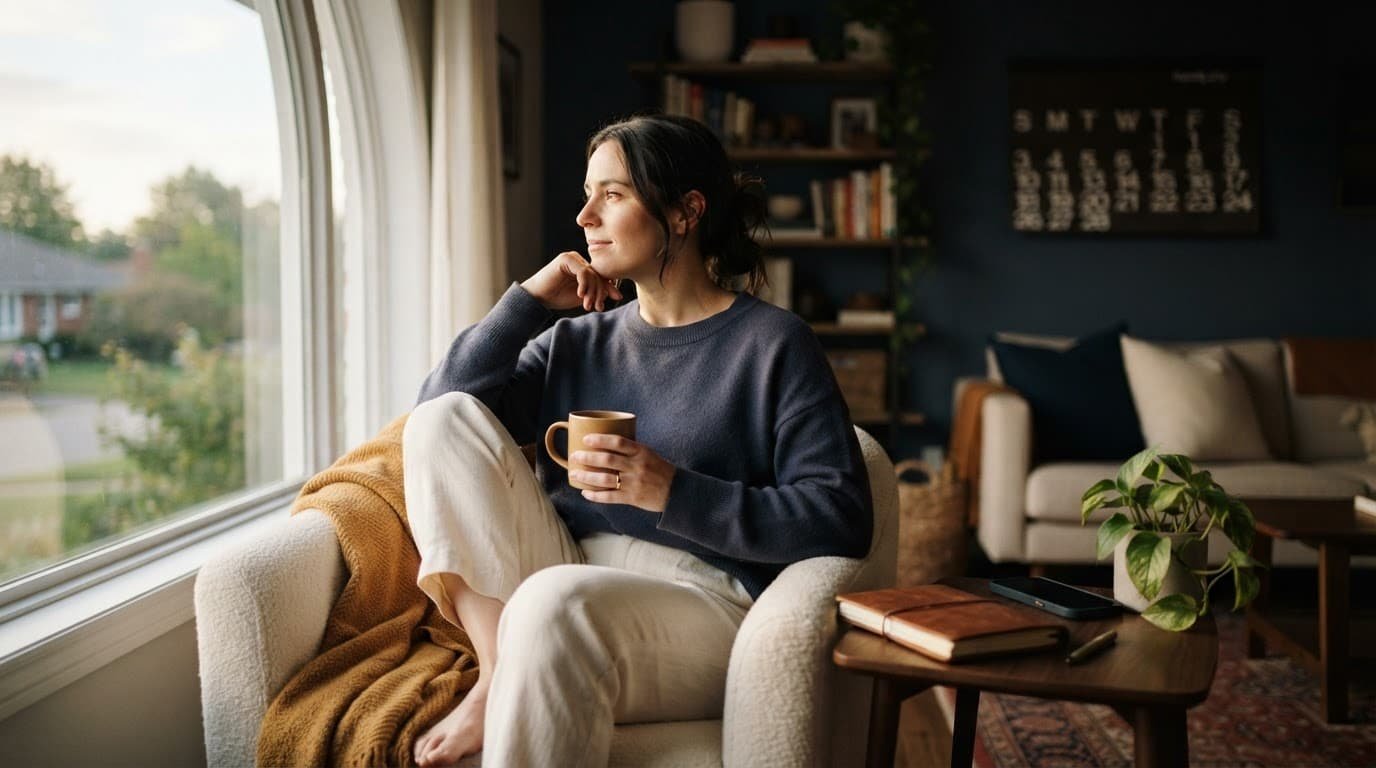 A woman relaxes by a window with a journal and phone nearby.