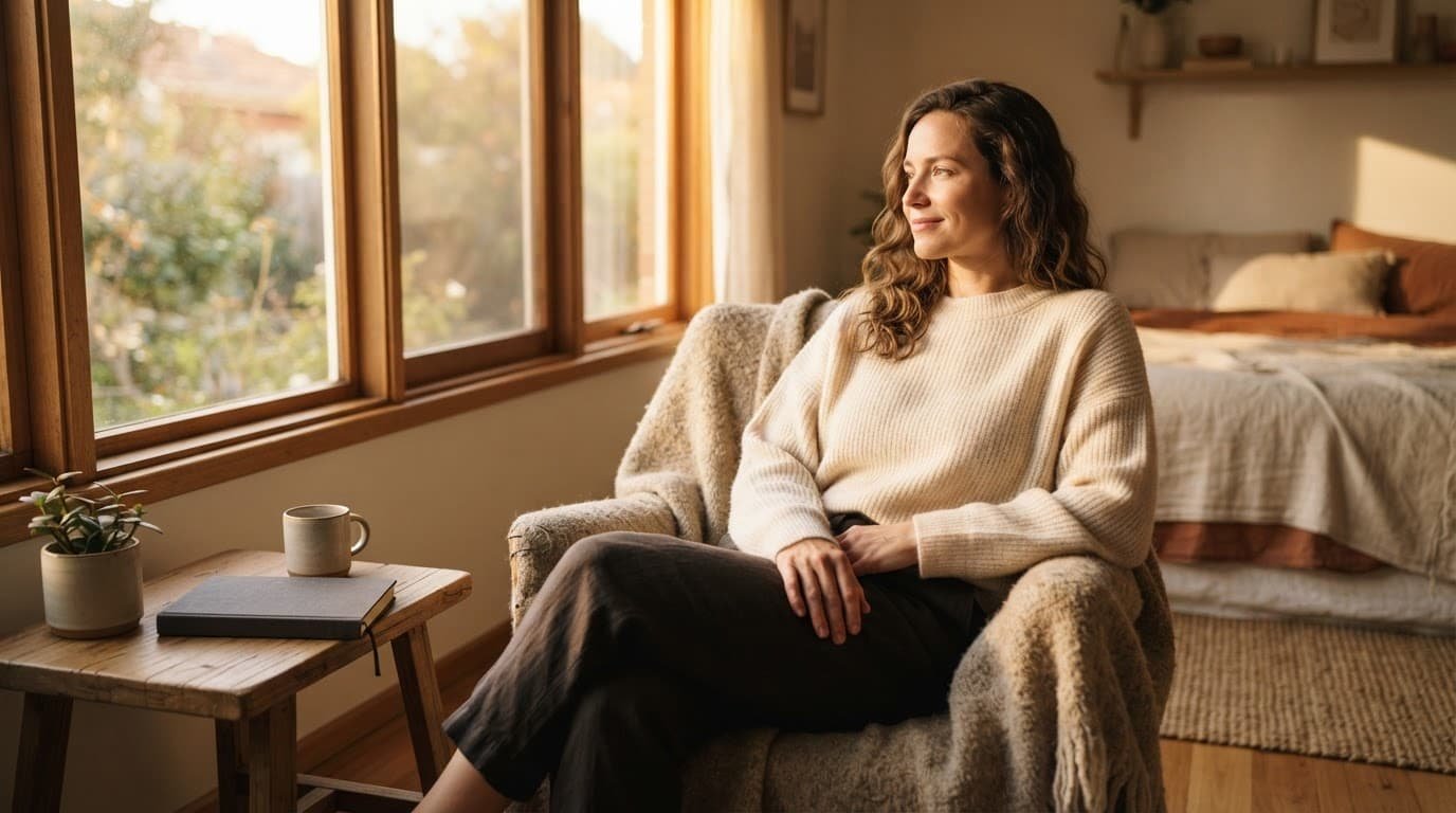 An adult sits by a sunny window with a journal and blanket nearby.